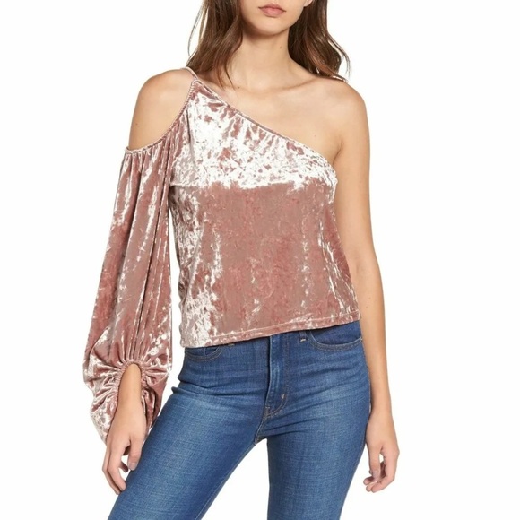 Tops - Pink Adobe One-Shoulder Crushed Velvet Cold Shoulder Blouse Top